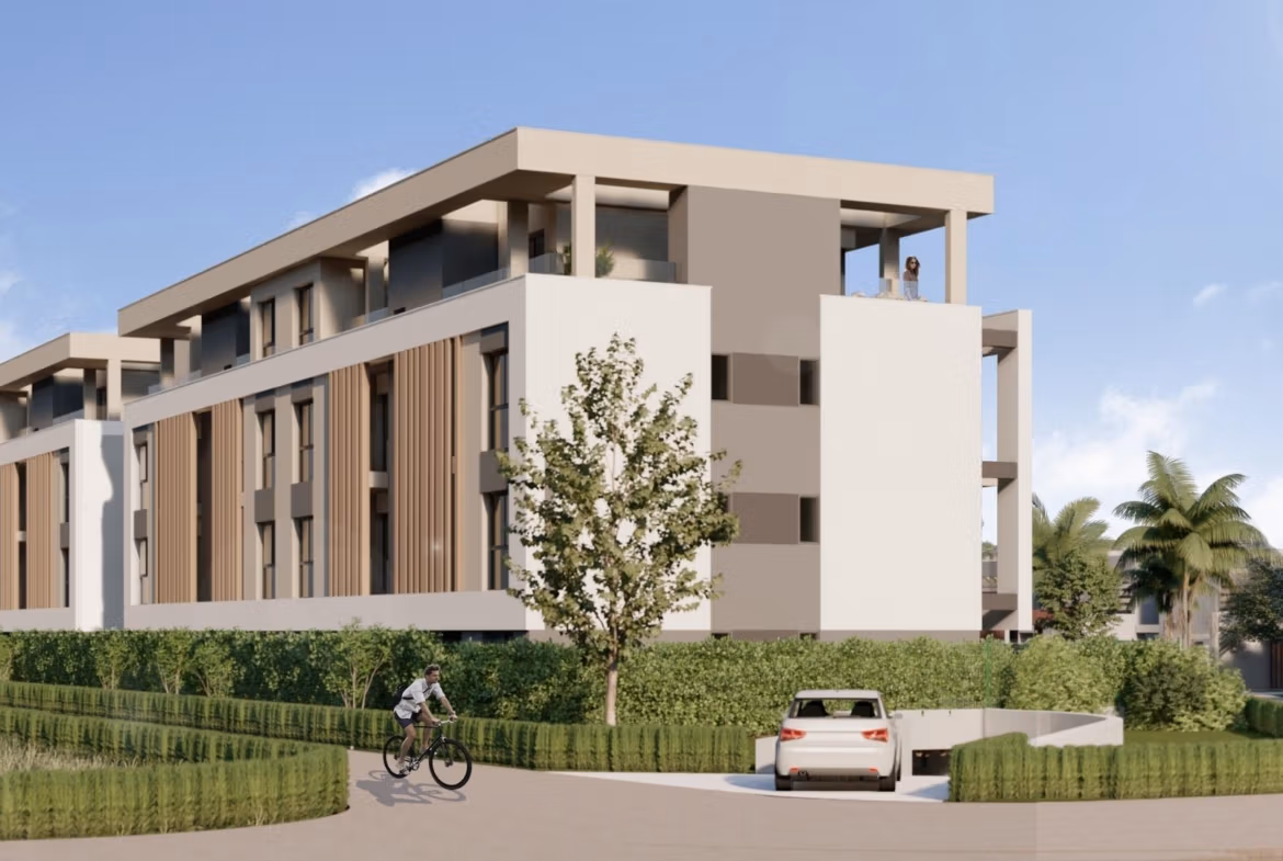 Modern luxury 3-bedroom penthouse exterior at Santa Rosalía Lake and Life Resort with sleek lines and lush landscaping.