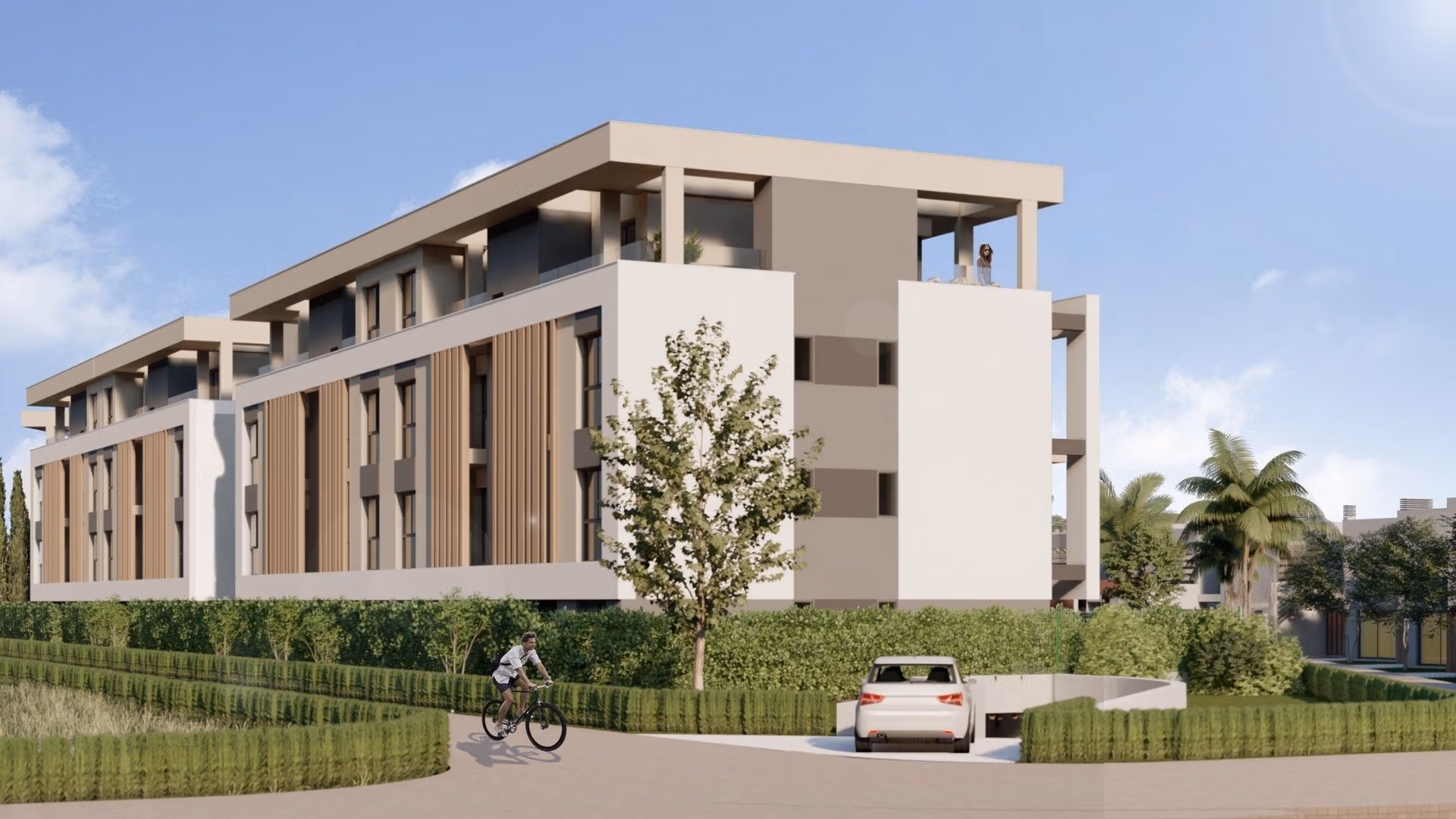 NEW-BUILD-RESIDENTIAL-IN-PRIVATE-GATED-RESORT-IN-PROVINCE-OF-MURCIA-6 Modern luxury 3-bedroom penthouse exterior at Santa Rosalía Lake and Life Resort with sleek lines and lush landscaping.
