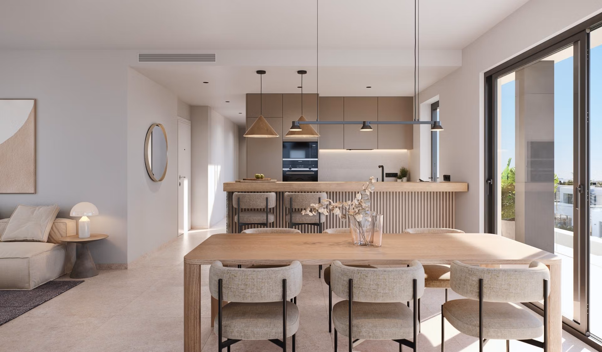 NEW-BUILD-RESIDENTIAL-IN-PRIVATE-GATED-RESORT-IN-PROVINCE-OF-MURCIA-7 Bright, modern open-plan dining and kitchen area in the luxurious 3-bedroom penthouse at Santa Rosalía Lake and Life Resort.