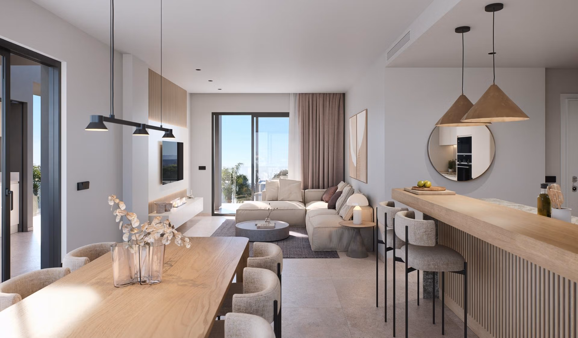 NEW-BUILD-RESIDENTIAL-IN-PRIVATE-GATED-RESORT-IN-PROVINCE-OF-MURCIA-8 Bright open-plan living and dining area with modern furnishings in a 3-bedroom penthouse at Santa Rosalía Lake and Life Resort