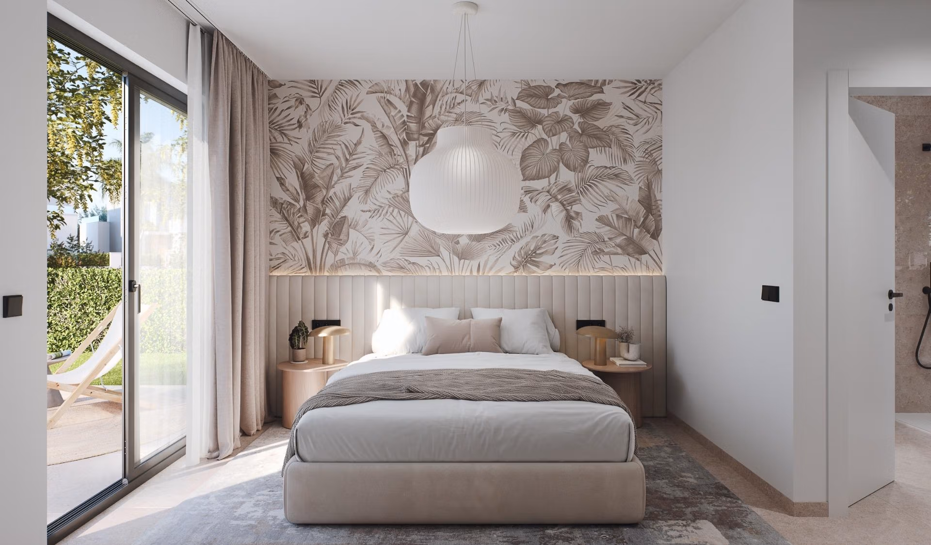 NEW-BUILD-RESIDENTIAL-IN-PRIVATE-GATED-RESORT-IN-PROVINCE-OF-MURCIA-9 Bright, elegant bedroom with large glass doors opening to a lush terrace in a 3-bedroom penthouse at Santa Rosalía Lake and Life Resort.