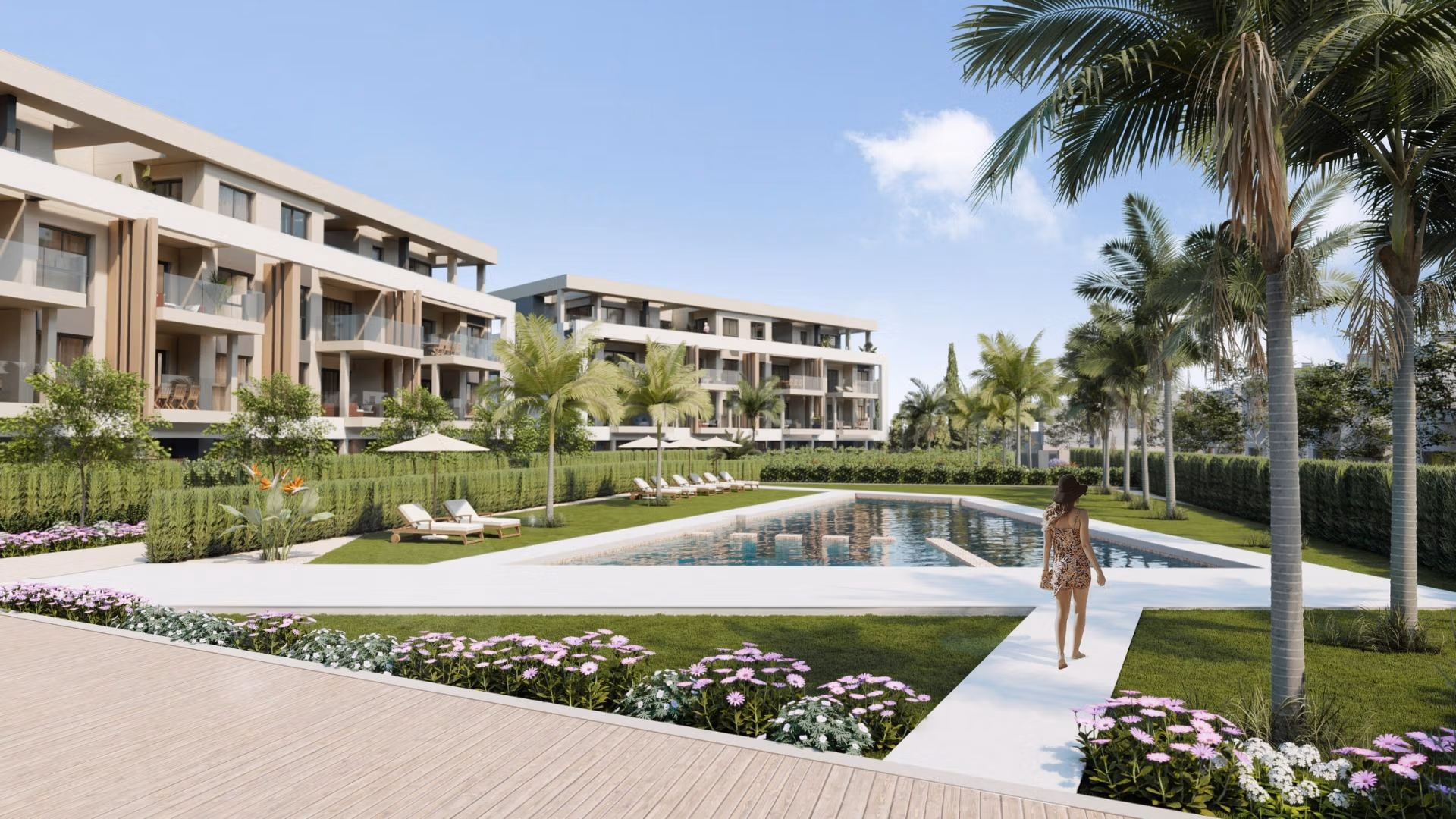 RESIDENCIAL DE OBRA NUEVA EN RESORT PRIVADO CERRADO EN LA PROVINCIA DE MURCIA Zona de piscina ajardinada y bañada por el sol, con palmeras y edificios modernos, en el ático de 3 dormitorios de Santa Rosalía Lake and Life Resort