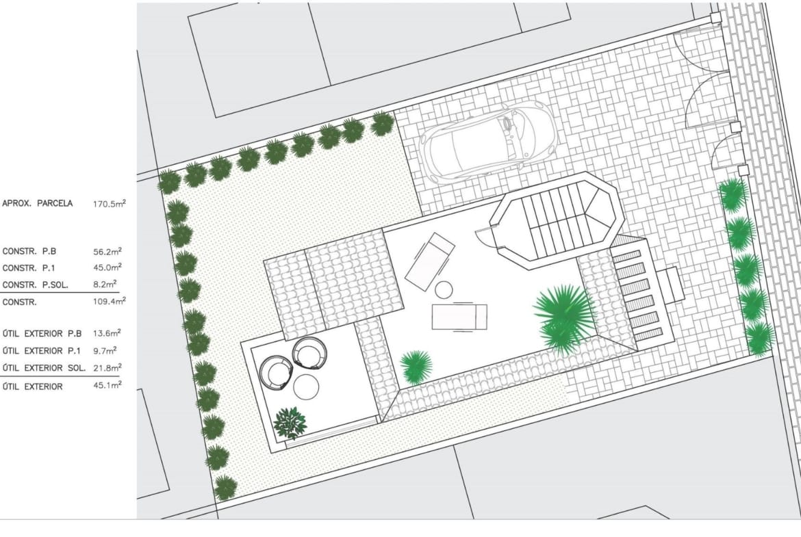 Spacious floor plan of a 3 bedroom villa with landscaped garden, private solarium, and garage in El Oasis, San Fulgencio.