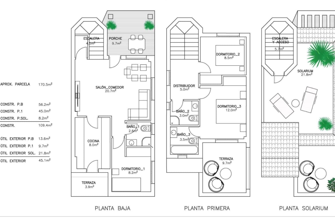 Bright and spacious 3-bedroom villa floor plan with garden terrace and private solarium in serene El Oasis, San Fulgencio.