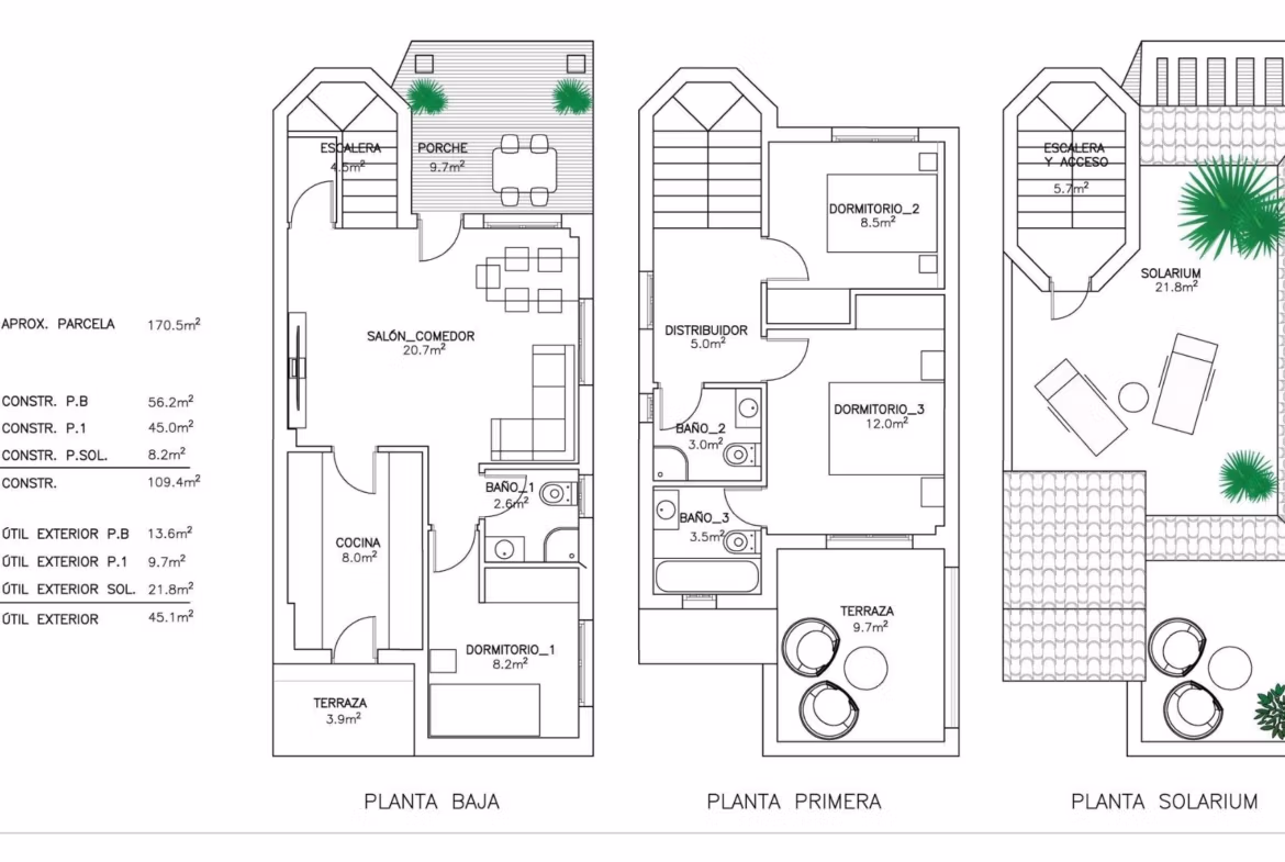 Bright and spacious 3-bedroom villa floor plan with garden terrace and private solarium in serene El Oasis, San Fulgencio.