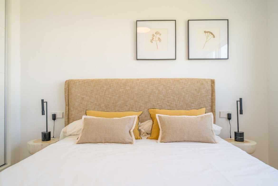 Bright and elegant bedroom with contemporary decor in modern new build 2 bedroom top floor bungalow, Vistabella Golf, Orihuela