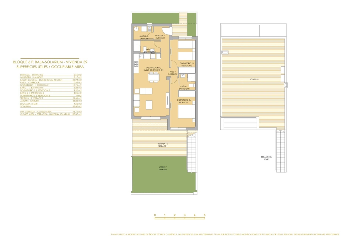Bright, modern 2-bedroom townhouse floor plan with garden and spacious solarium in Vistabella Golf, Orihuela.