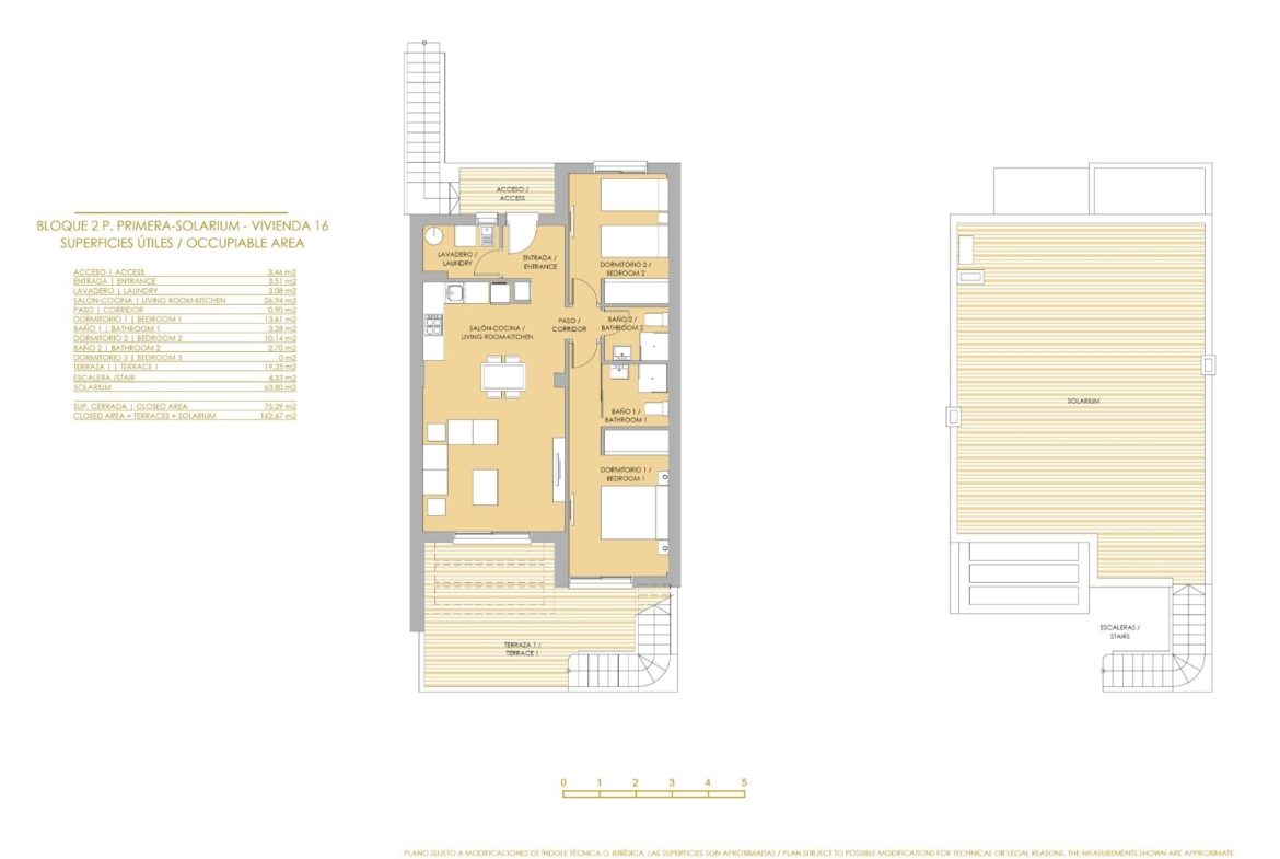 Spacious modern 2-bedroom top floor bungalow floor plan with sun-drenched solarium and terrace in Vistabella Golf, Orihuela