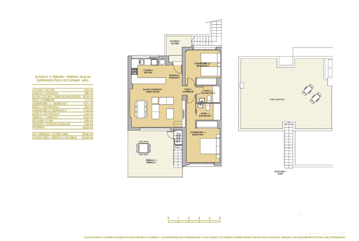 Spacious two-bedroom top floor apartment floor plan with open living area, large terrace, and expansive solarium in Vistabella Golf, Orihuela.