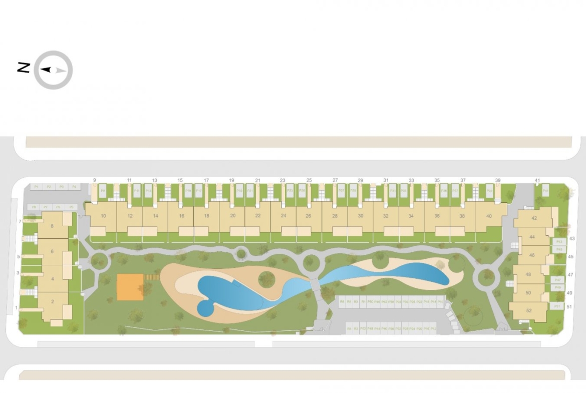 Top-floor layout of modern 2-bedroom apartment with private solarium and landscaped pool area in Vistabella Golf, Orihuela.