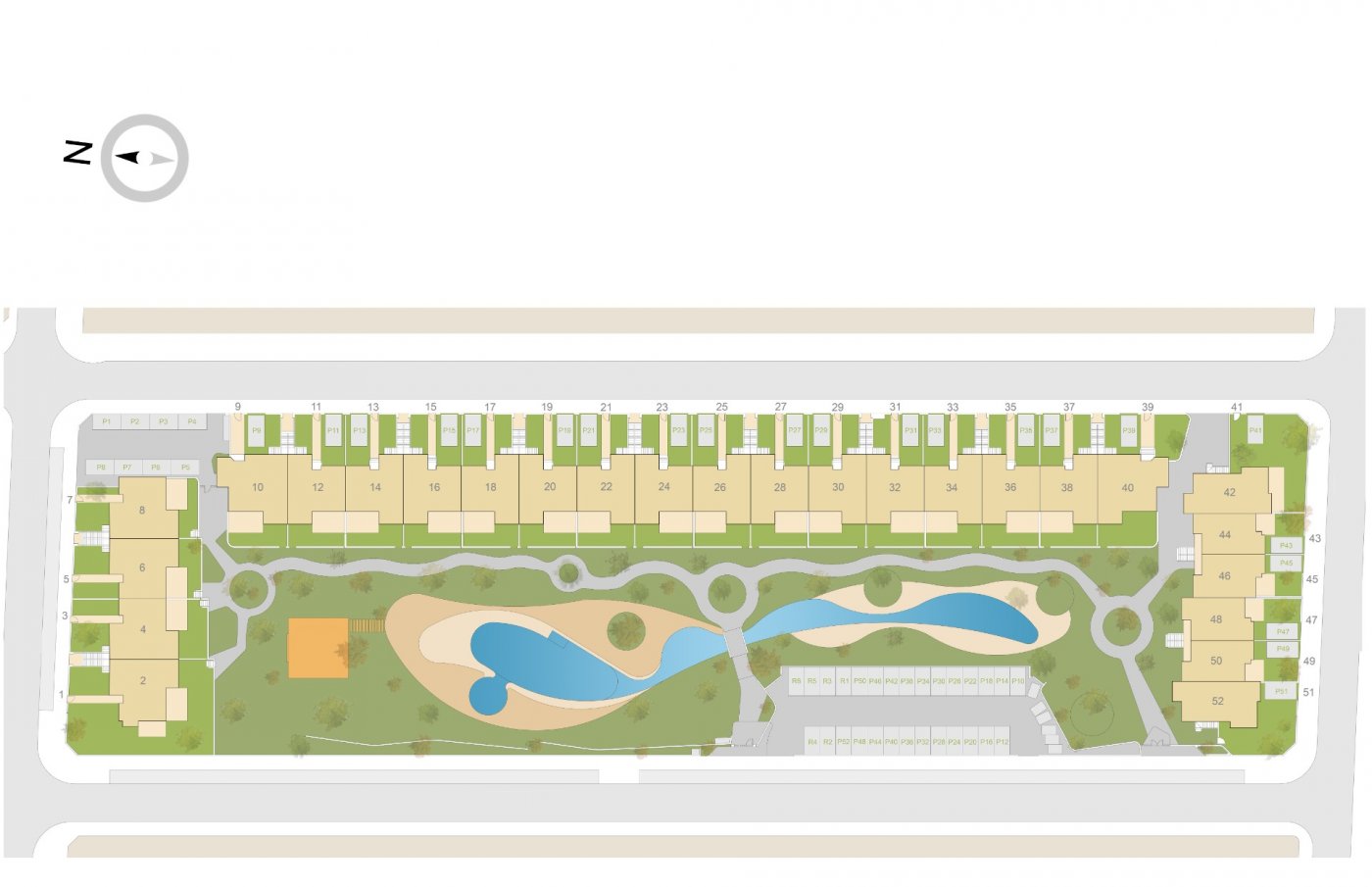 Top-floor layout of modern 2-bedroom apartment with private solarium and landscaped pool area in Vistabella Golf, Orihuela.