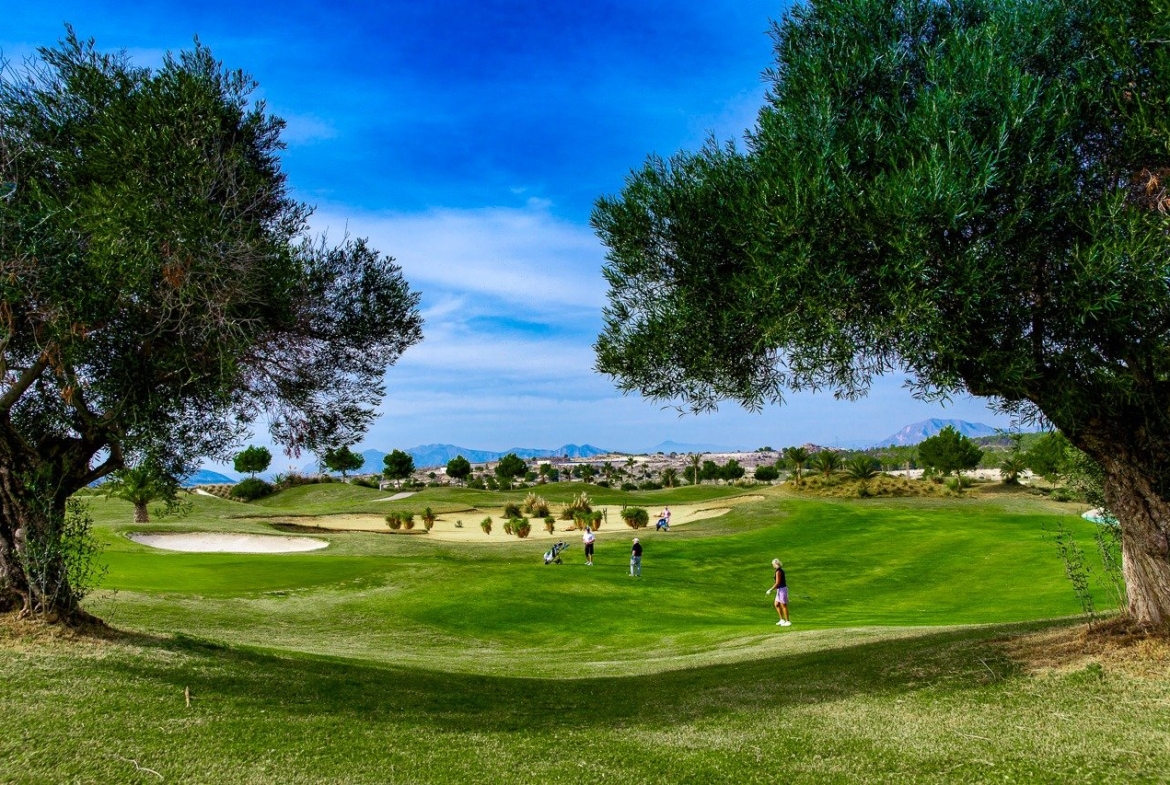 Panoramic sun-drenched view of lush golf course from top floor 2-bedroom apartment with solarium in Vistabella Golf, Orihuela.