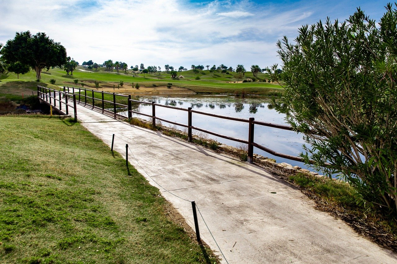 Sunlit tranquil golf course pathway with water feature in Vistabella Golf near the key ready 2 bedroom top floor apartment, Orihuela.
