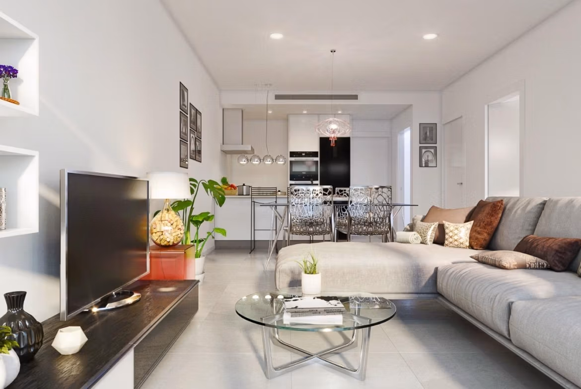 Bright modern open-plan living room with elegant furnishings in a new build 3-bedroom corner villa in Pilar de la Horadada