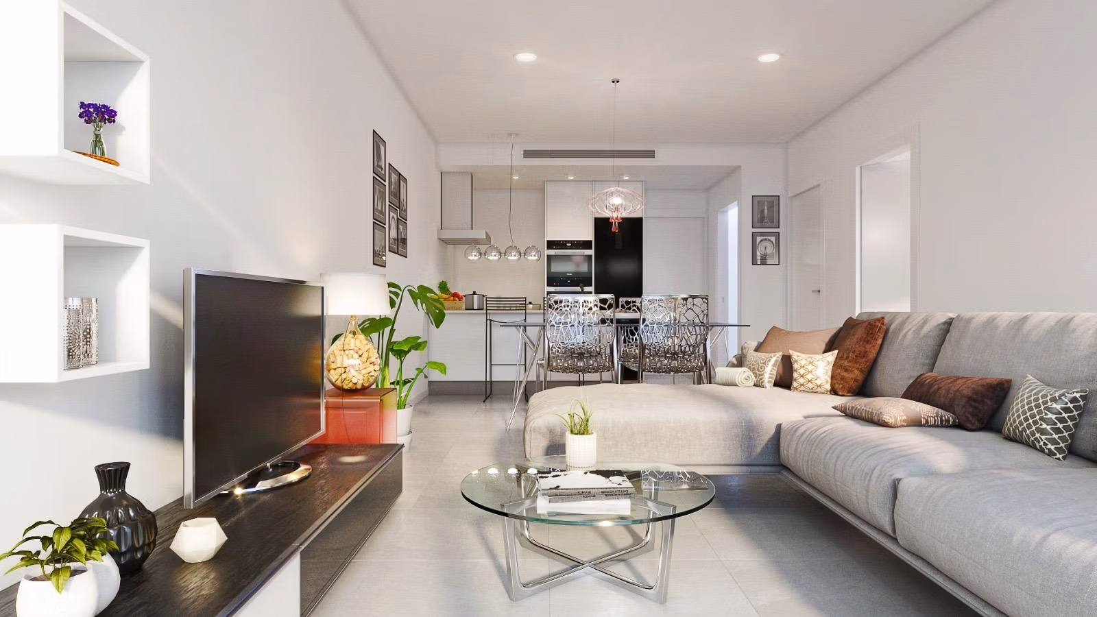NEW-BUILD-SEMI-DETACHED-VILLAS-IN-PILAR-DE-LA-HORADADA-1 Bright modern open-plan living room with elegant furnishings in a new build 3-bedroom corner villa in Pilar de la Horadada