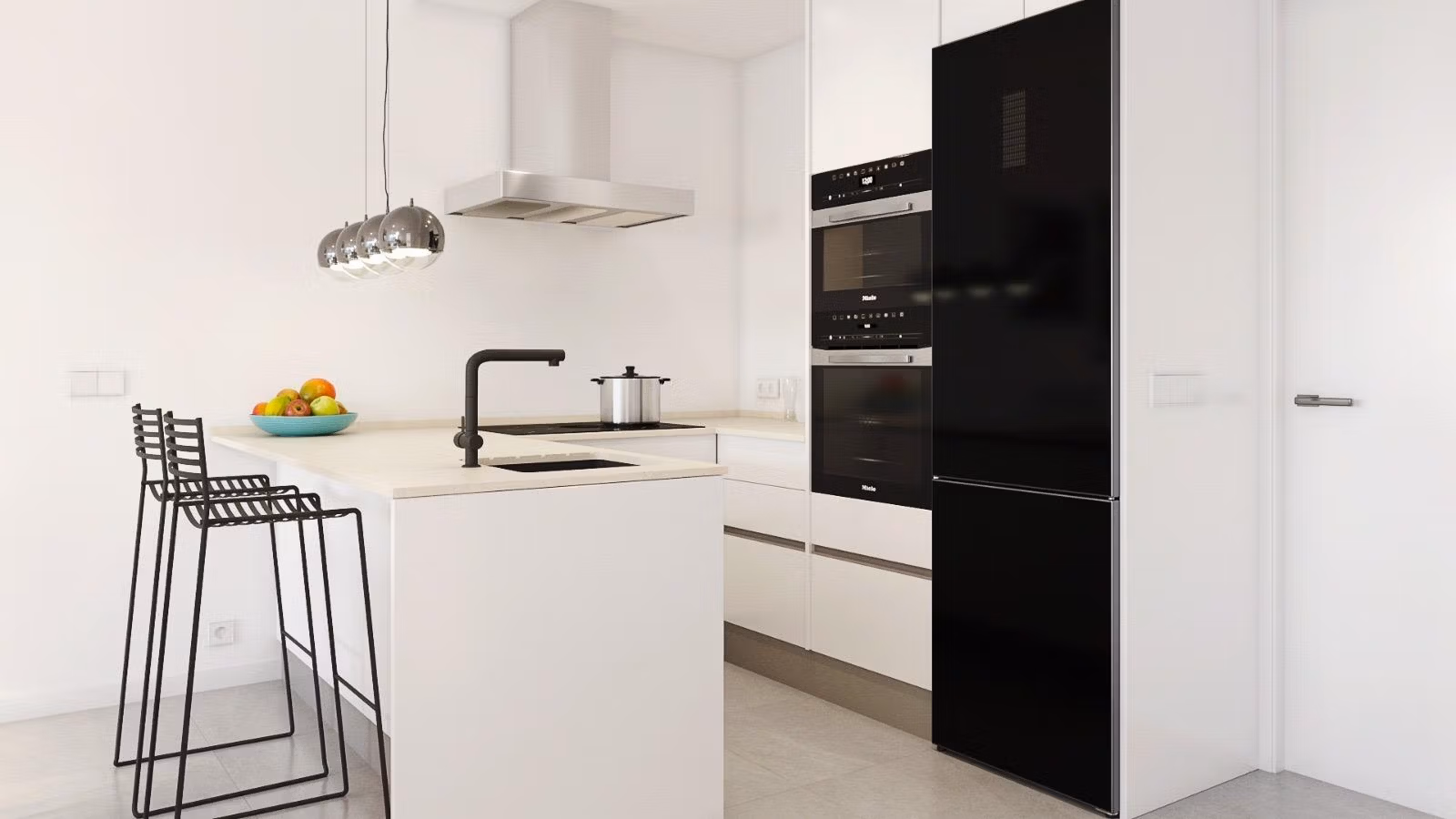 NEW-BUILD-SEMI-DETACHED-VILLAS-IN-PILAR-DE-LA-HORADADA-2 Modern bright kitchen with sleek black appliances and minimalist island in a new build 3-bedroom villa in Pilar de la Horadada.