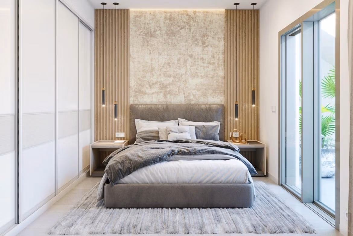 Bright and elegant master bedroom with floor-to-ceiling windows and modern design in Pilar de la Horadada corner villa.