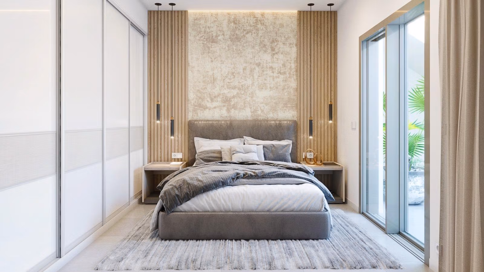NEW-BUILD-SEMI-DETACHED-VILLAS-IN-PILAR-DE-LA-HORADADA-3 Bright and elegant master bedroom with floor-to-ceiling windows and modern design in Pilar de la Horadada corner villa.