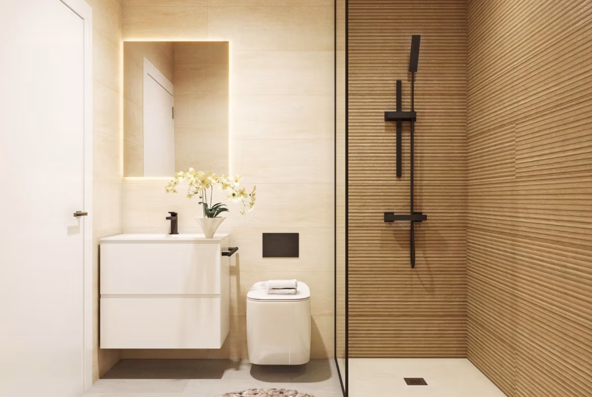 Modern bathroom with textured wood-effect shower wall, floating vanity, and elegant fixtures in Pilar de la Horadada villa