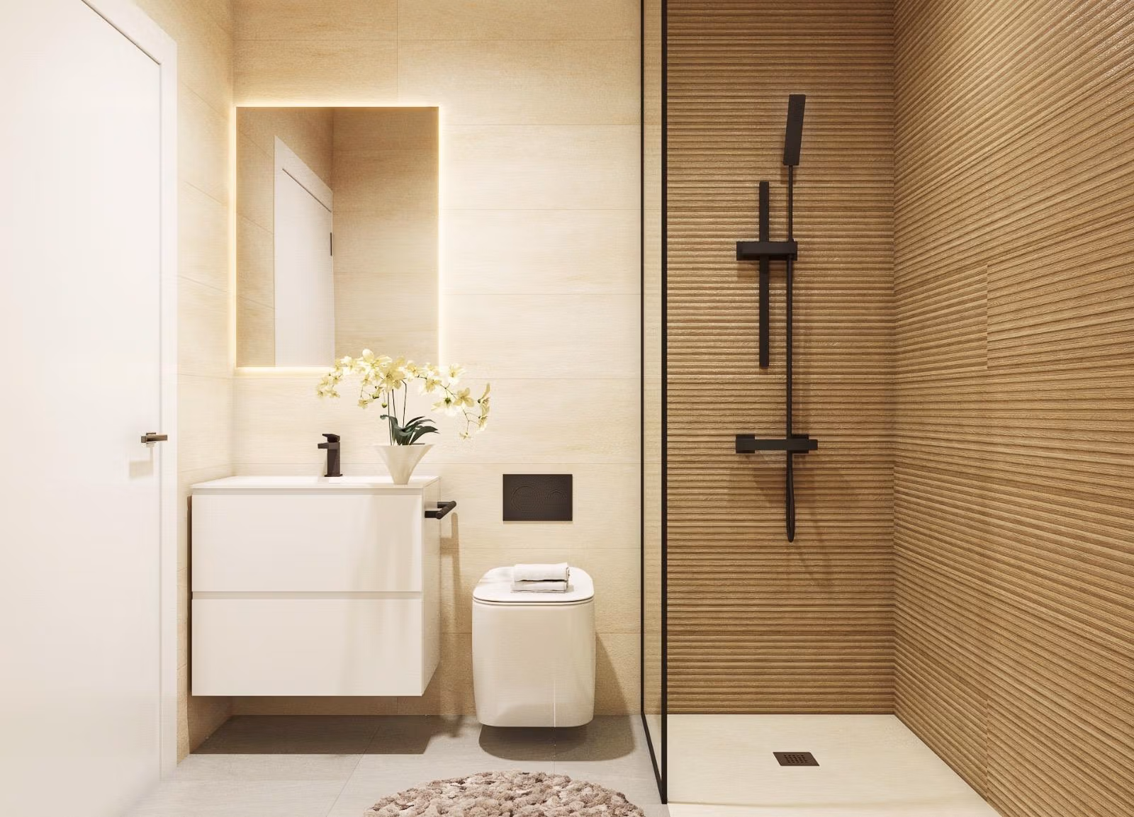 NEW-BUILD-SEMI-DETACHED-VILLAS-IN-PILAR-DE-LA-HORADADA-4 Modern bathroom with textured wood-effect shower wall, floating vanity, and elegant fixtures in Pilar de la Horadada villa