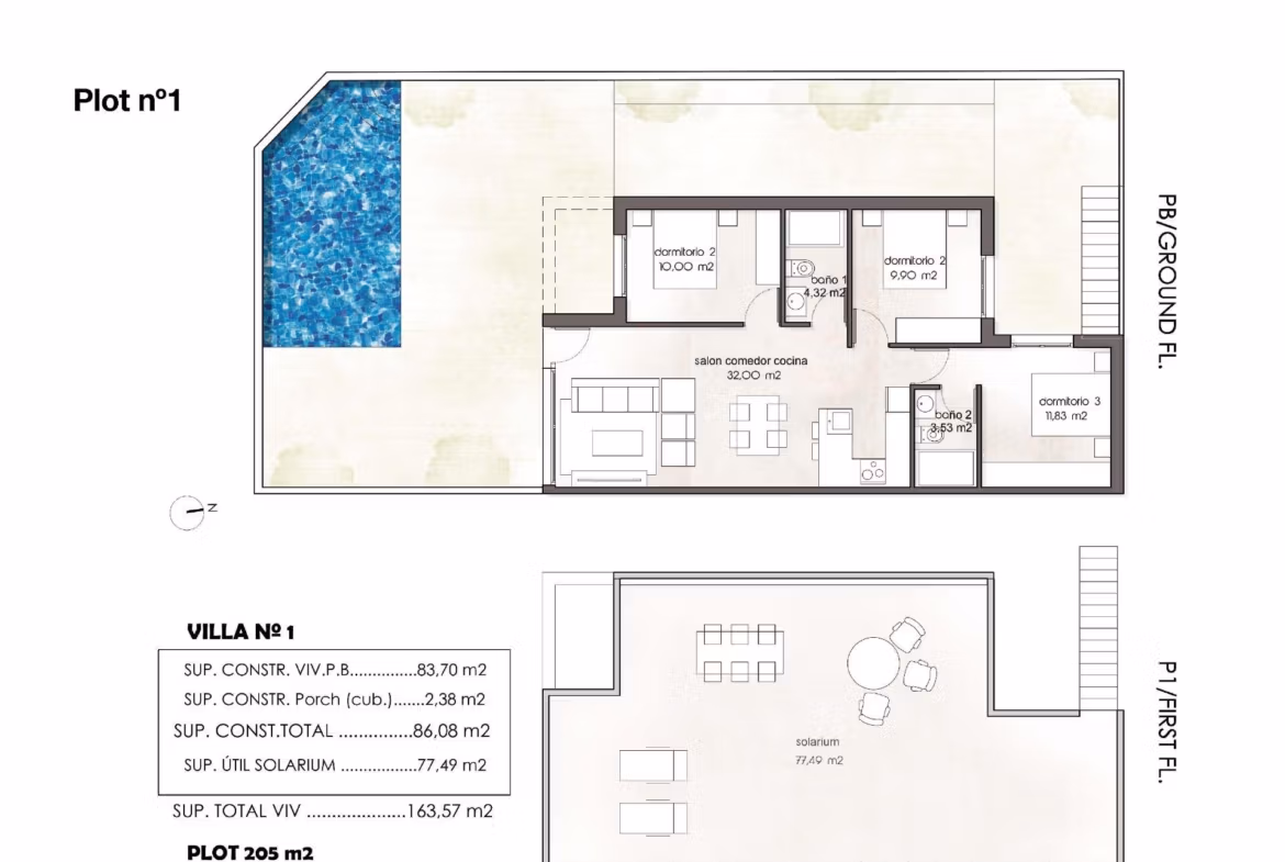 Spacious floor plan of new build 3-bedroom corner semi-detached villa with sunlit solarium and pool in Pilar de la Horadada