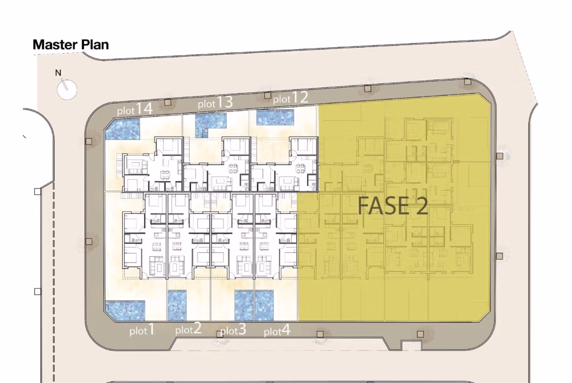 Detailed master plan floor layout showcasing spacious new build 3 bedroom corner semi-detached villas with pools in Pilar de la Horadada.