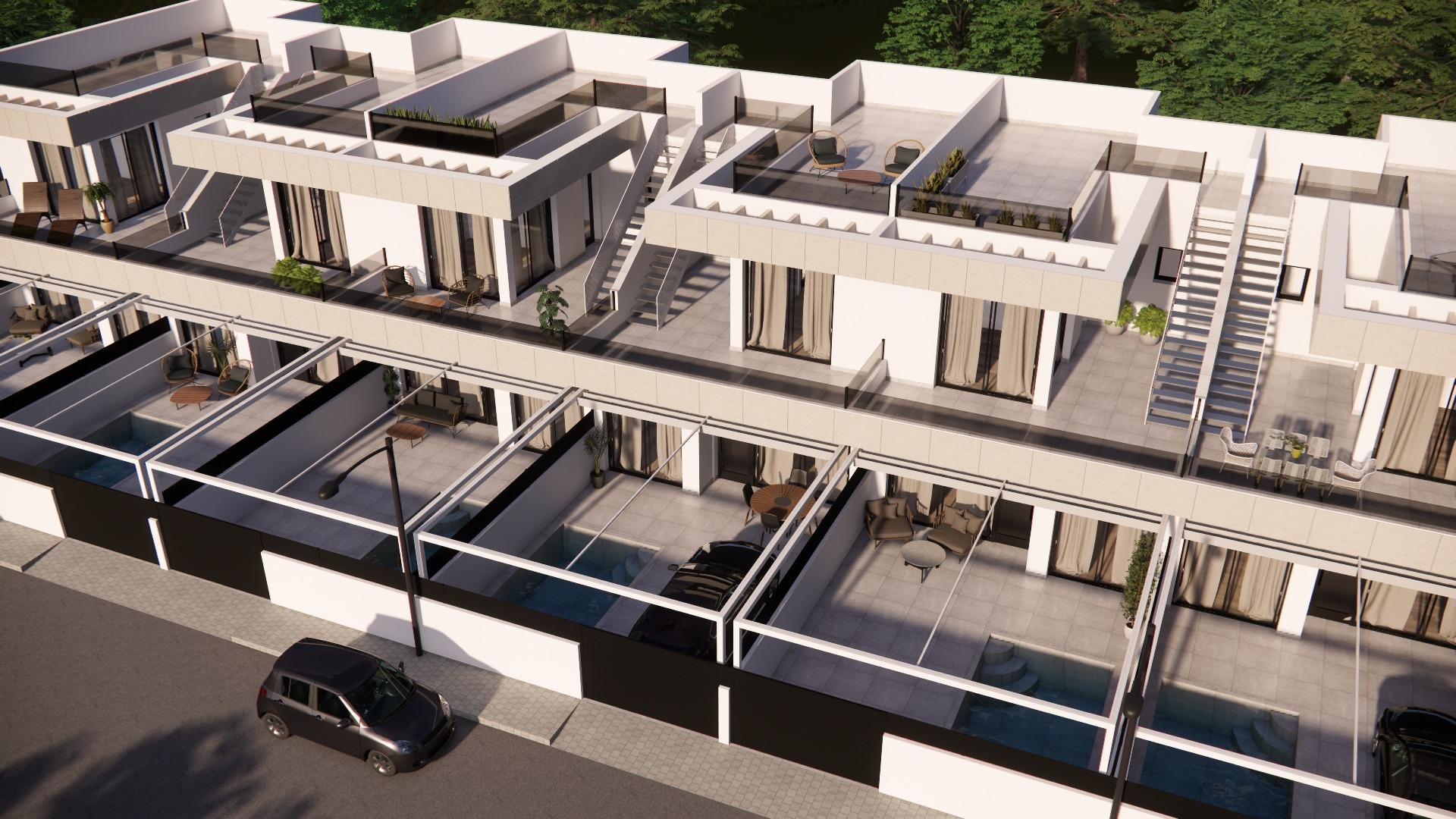 Modern new build 3-bedroom townhouse in Rojales with sleek architecture, private terraces, spacious open-plan living, and pool views.