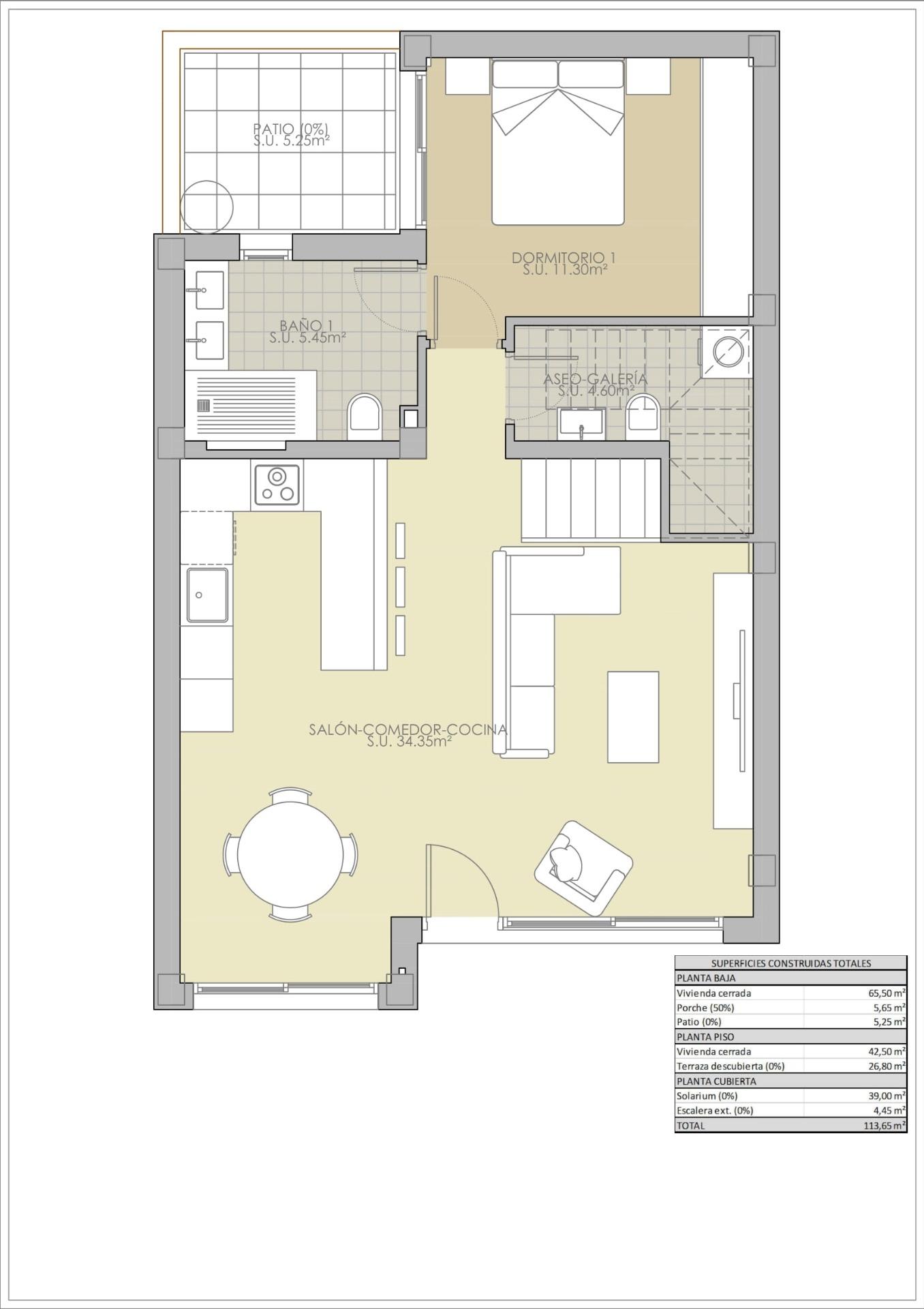 Bright open-plan living and kitchen area with modern fixtures in luxury 3-bedroom townhouse with basement in Rojales.