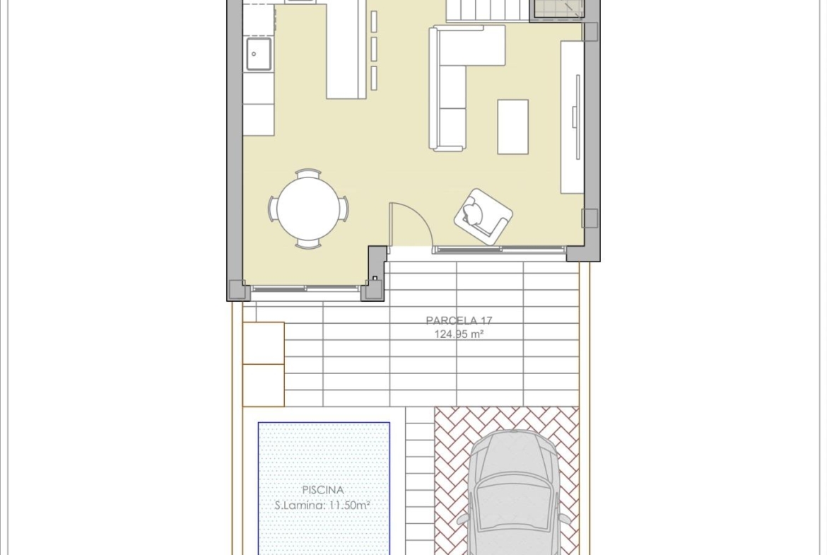 Detailed floor plan of a modern 3-bedroom townhouse in Rojales featuring a private pool, spacious living area, and basement parking.