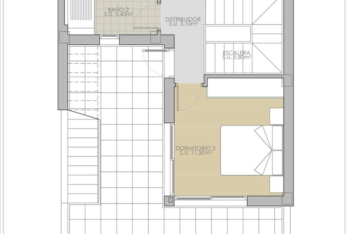 Bright, modern floor plan of a 3-bedroom townhouse in Rojales with spacious bedrooms, bathroom, and large sunlit terrace.
