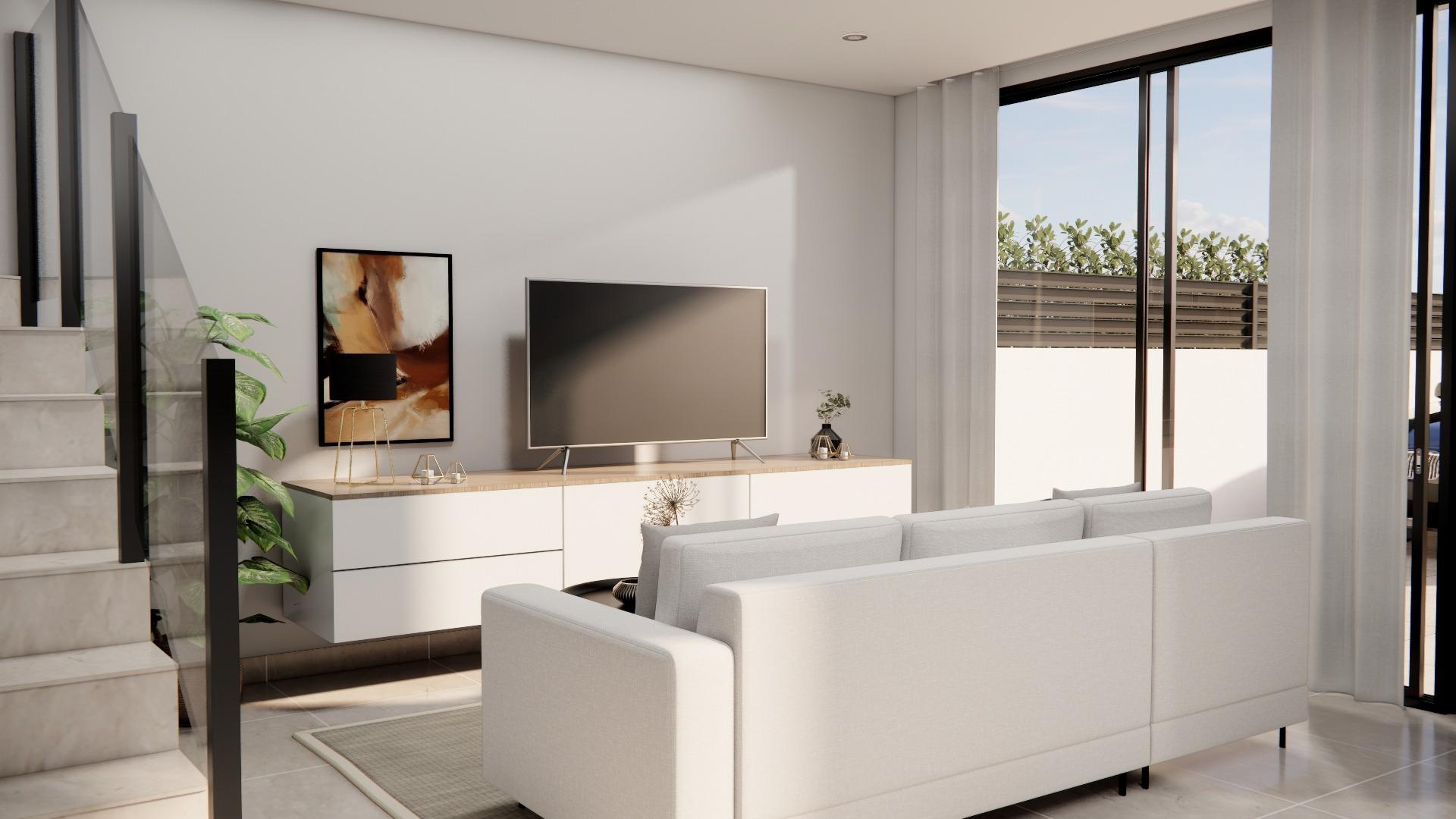 Bright modern living room with sleek white sofa and large sliding doors in luxury 3 bedroom townhouse in Rojales