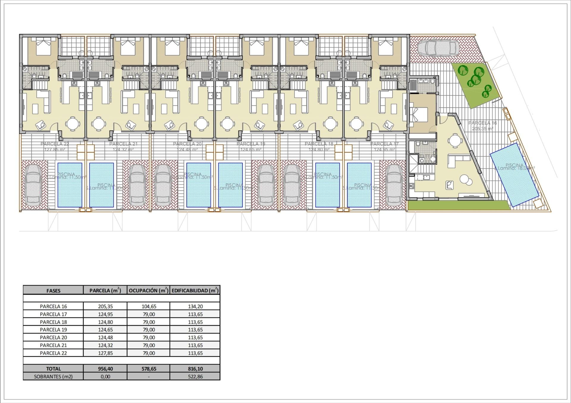 Floor plan of modern new build 3-bedroom townhouses in Rojales featuring private pools, spacious layouts, and basement levels.