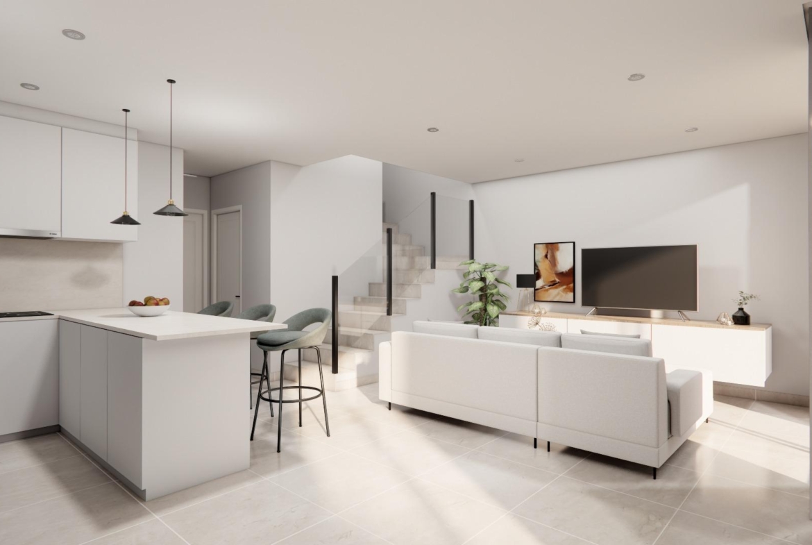 Bright modern open-plan living area with sleek kitchen and stylish seating in 3-bedroom townhouse in Rojales.