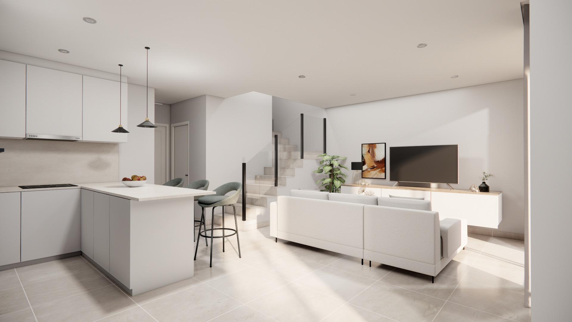 Bright modern open-plan living area with sleek kitchen and stylish seating in 3-bedroom townhouse in Rojales.