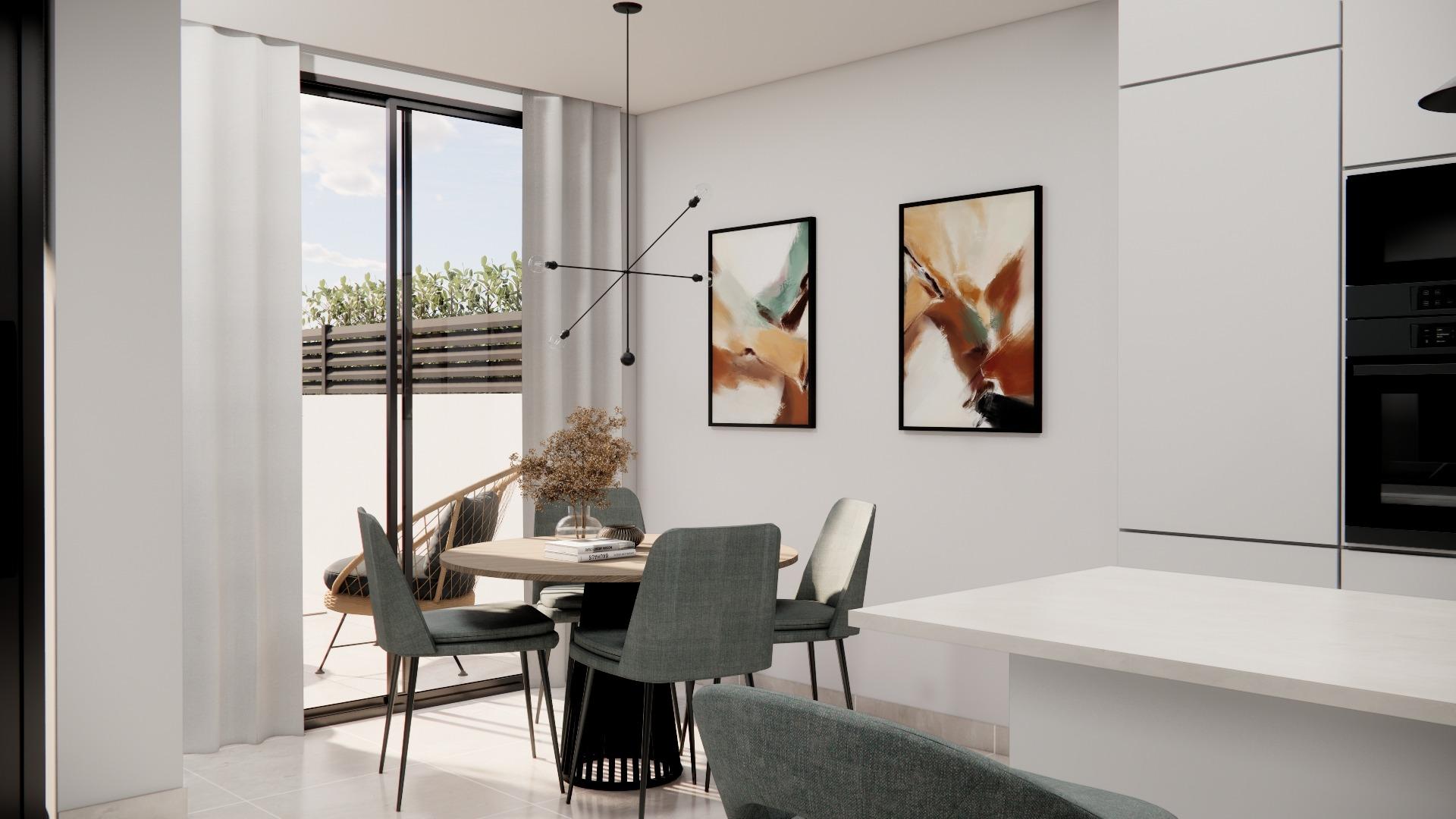 Bright modern dining area with sleek furniture and terrace access in luxury 3 bedroom townhouse in Rojales