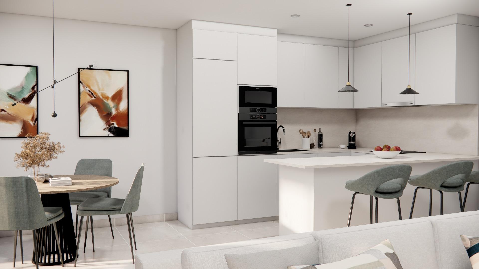 Bright modern open-plan kitchen and dining area in a luxury 3-bedroom townhouse with sleek design in Rojales.