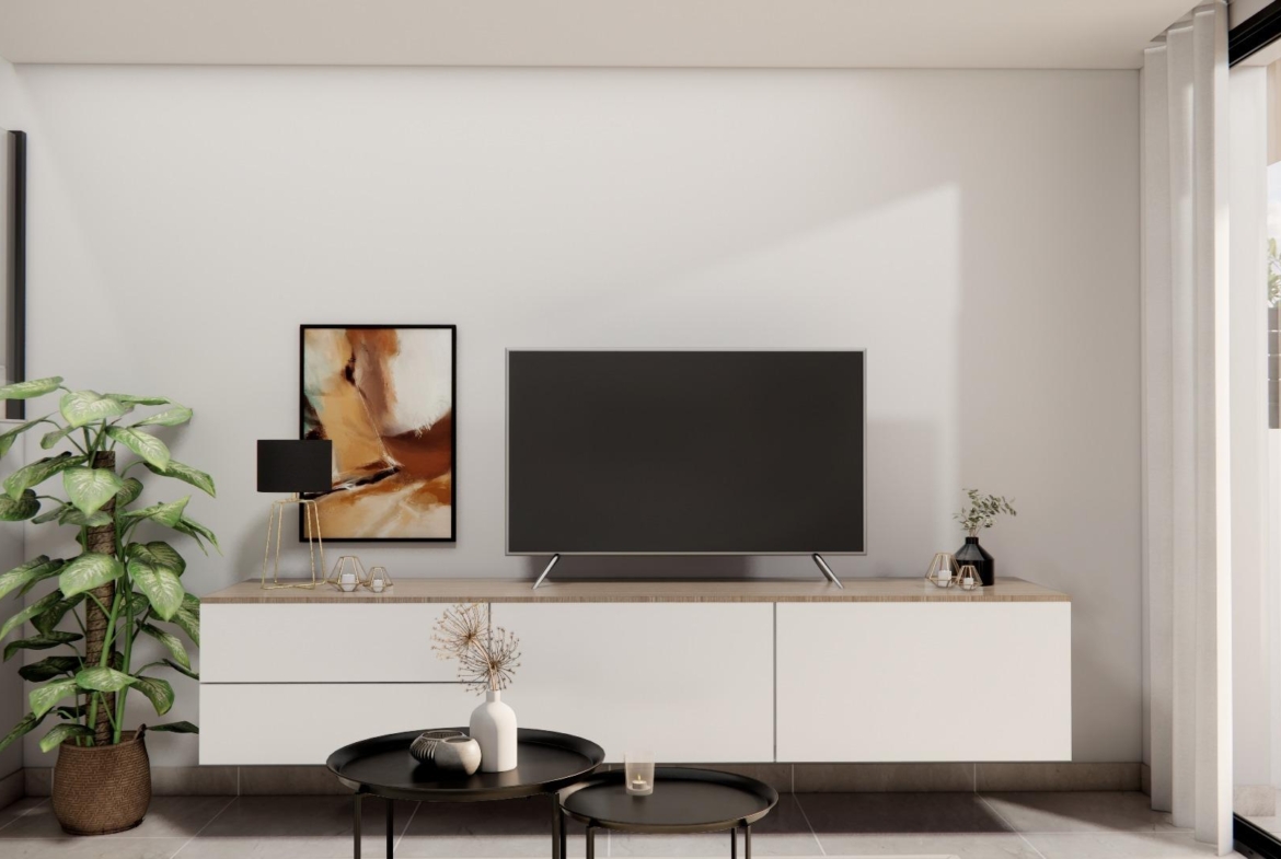 Bright modern living room in a sleek 3-bedroom townhouse in Rojales with minimalist décor and sunlit terrace access.