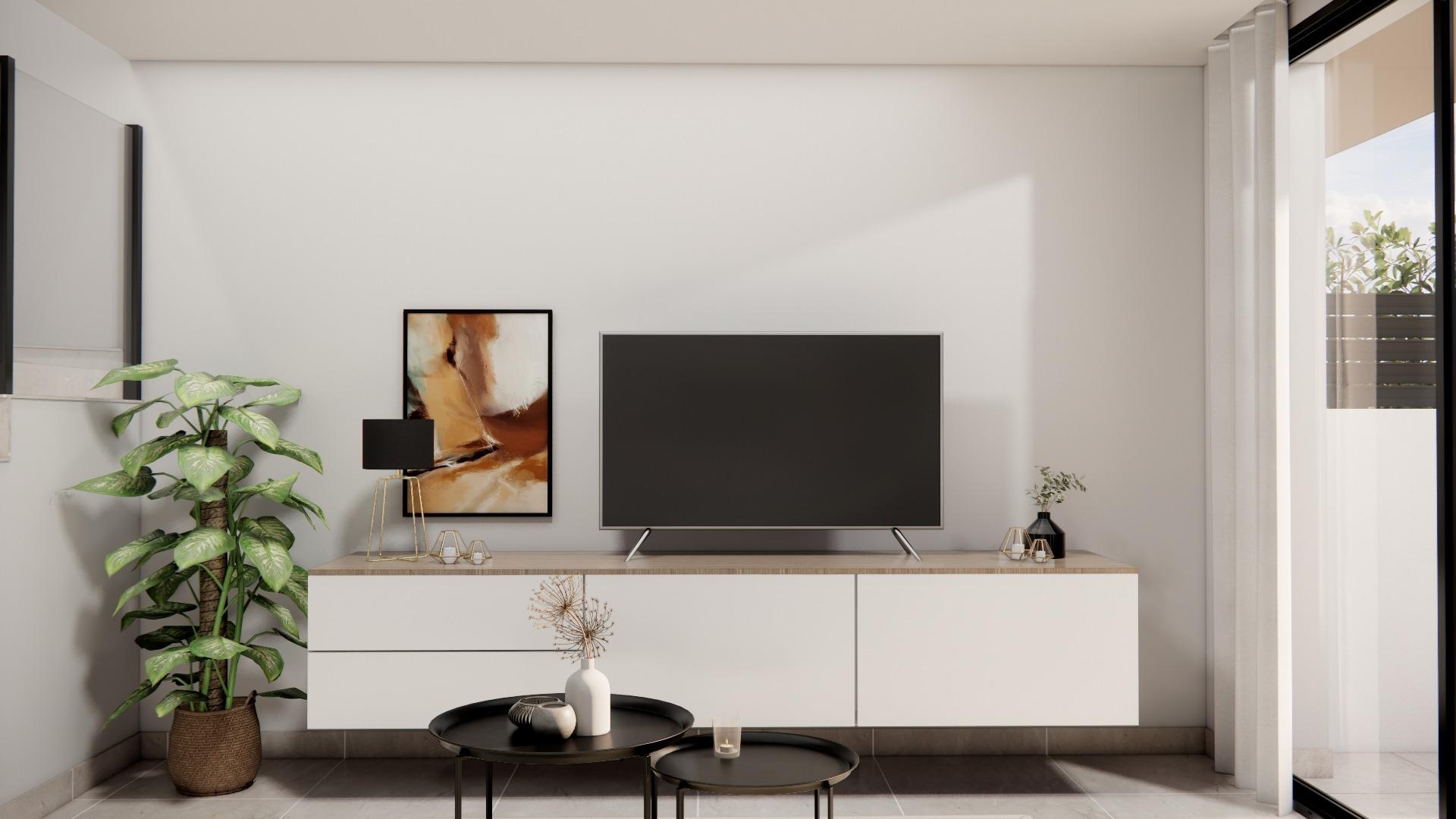 Bright modern living room in a sleek 3-bedroom townhouse in Rojales with minimalist décor and sunlit terrace access.