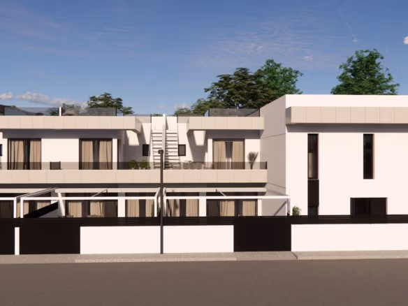 Sleek modern 3-bedroom townhouse exterior with spacious terraces and private pool in sunlit Rojales neighborhood