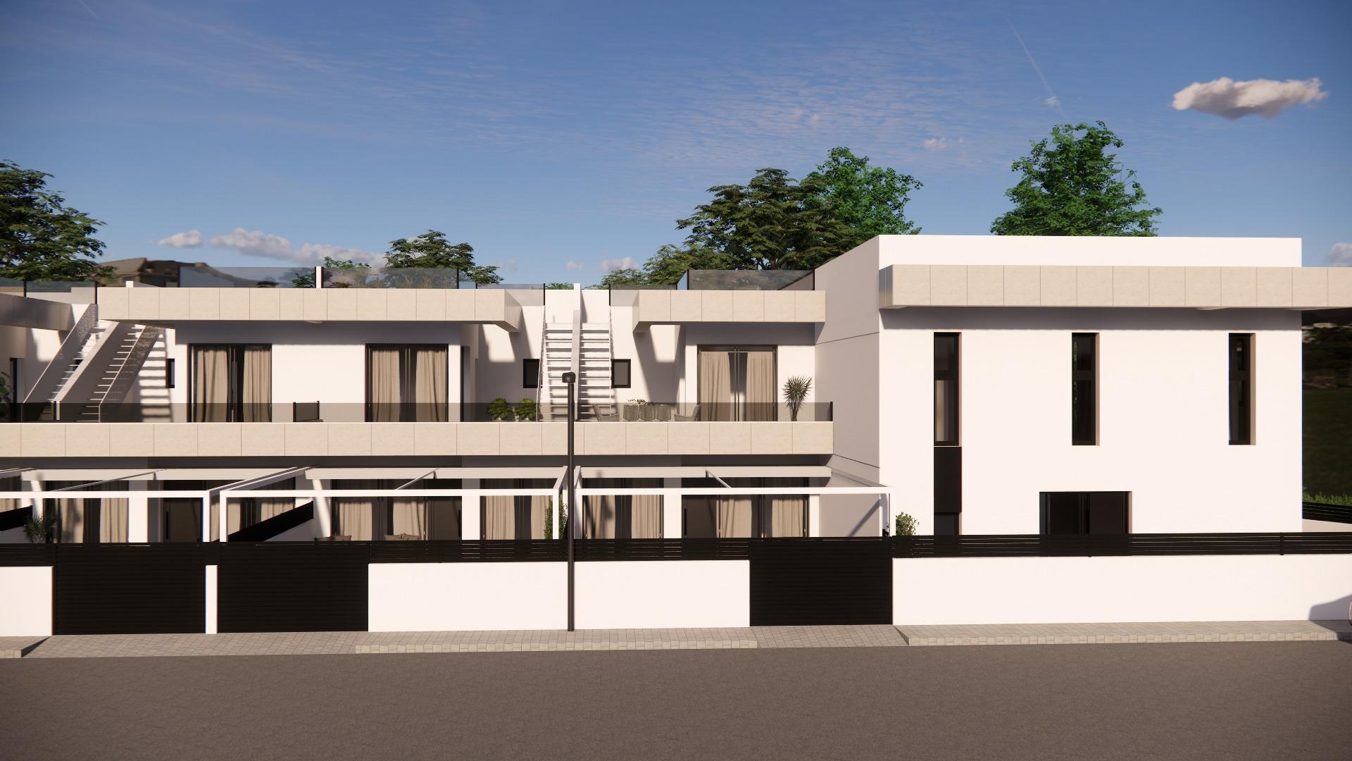 Sleek modern 3-bedroom townhouse exterior with spacious terraces and private pool in sunlit Rojales neighborhood