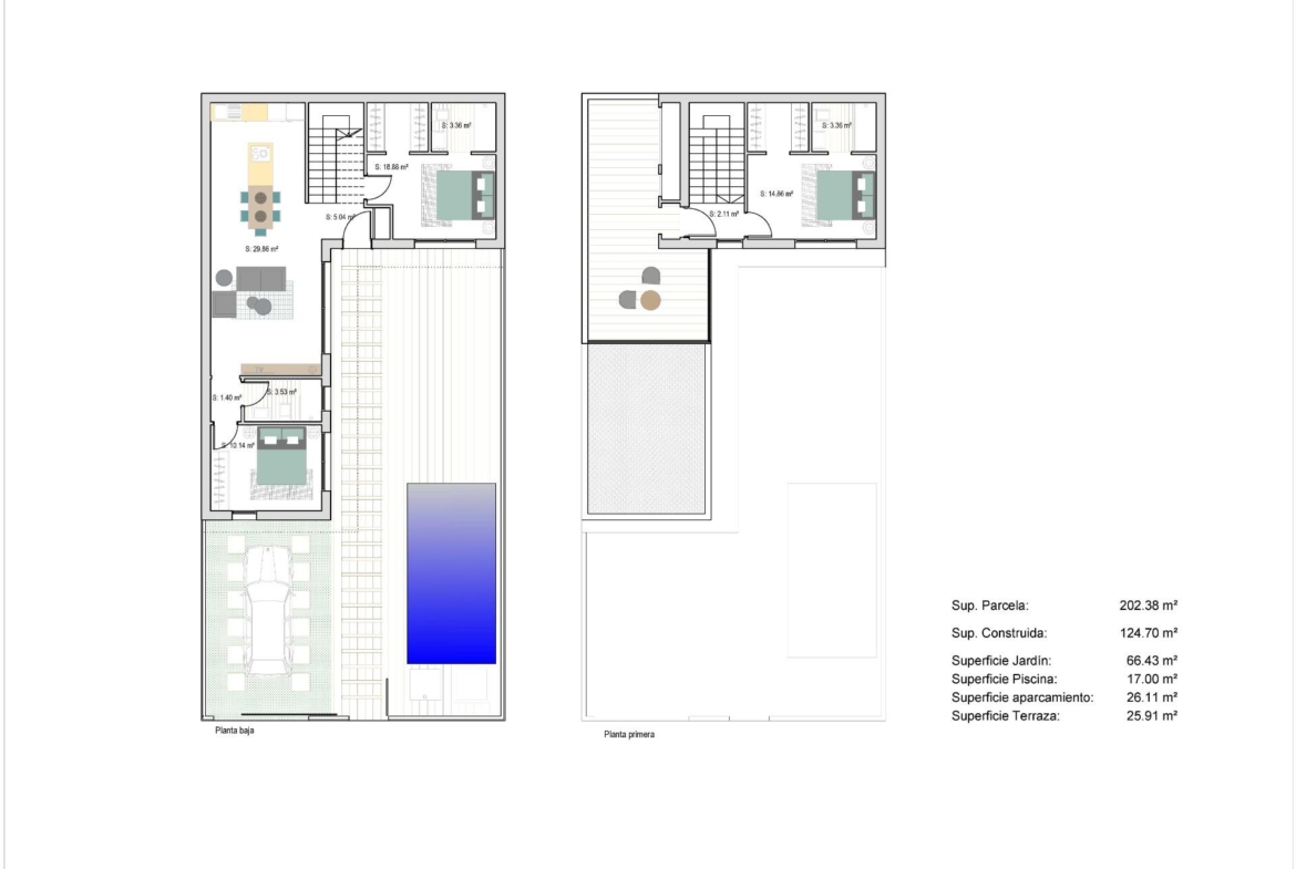 NEW-BUILD-TOWNHOUSES-IN-SAN-JAVIER-30 Modern floor plan of luxury new build townhouses in San Javier showcasing spacious bedrooms, open-plan living, terrace, and private pool.