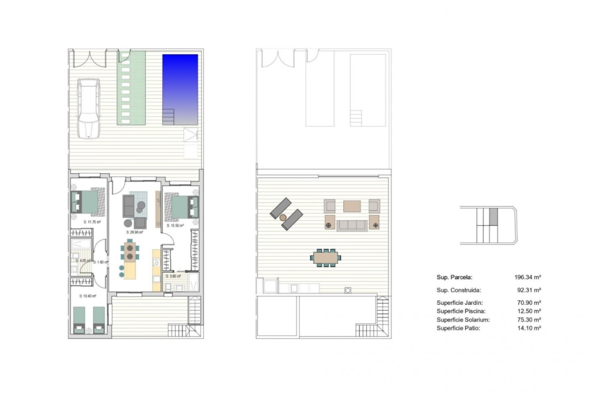 Spacious, modern floor plan of new build townhouses in San Javier featuring bedrooms, open living area, terrace, pool, and solarium.