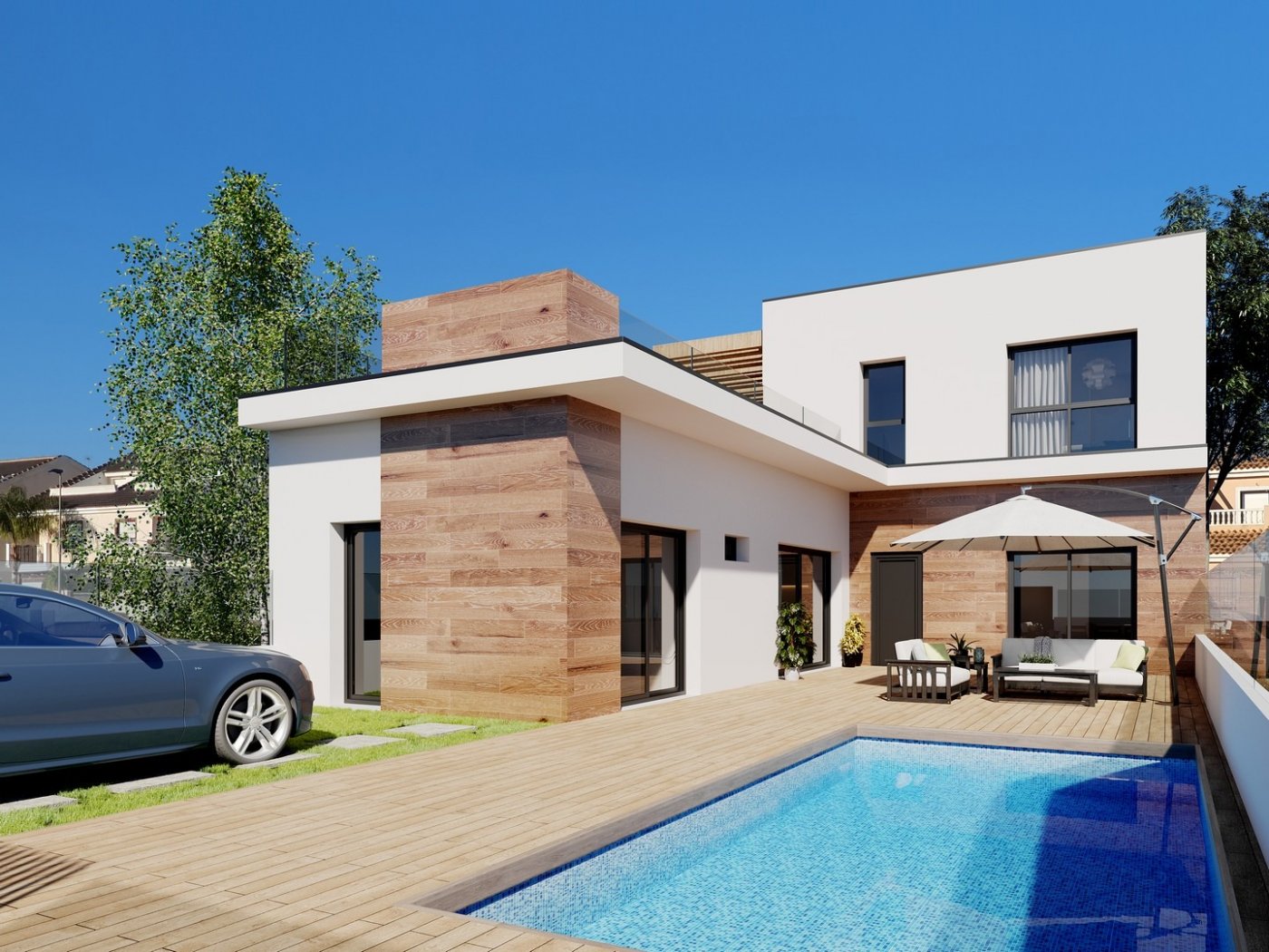 NEW BUILD TOWNHOUSES IN SAN JAVIER Modern luxury townhouse in San Javier featuring a sun-drenched poolside terrace with stylish wood accents and sleek white facade.