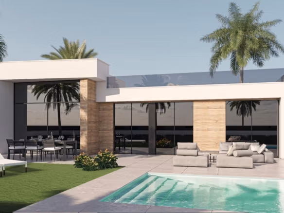 Modern 3-bedroom villa with sleek private pool, spacious terrace, and tropical landscaping in Condado de Alhama Golf Resort.