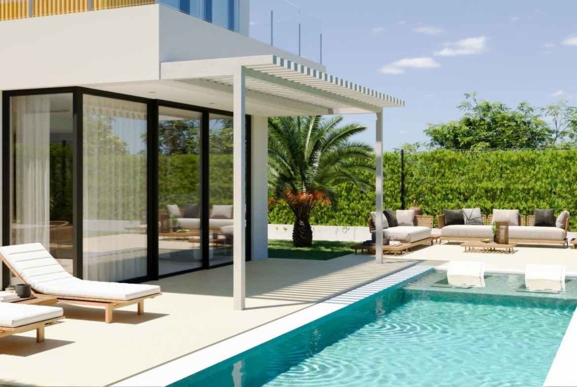 Sun-drenched terrace with modern outdoor lounge and private pool at exclusive 3-bedroom villa in Sierra Cortina, Finestrat
