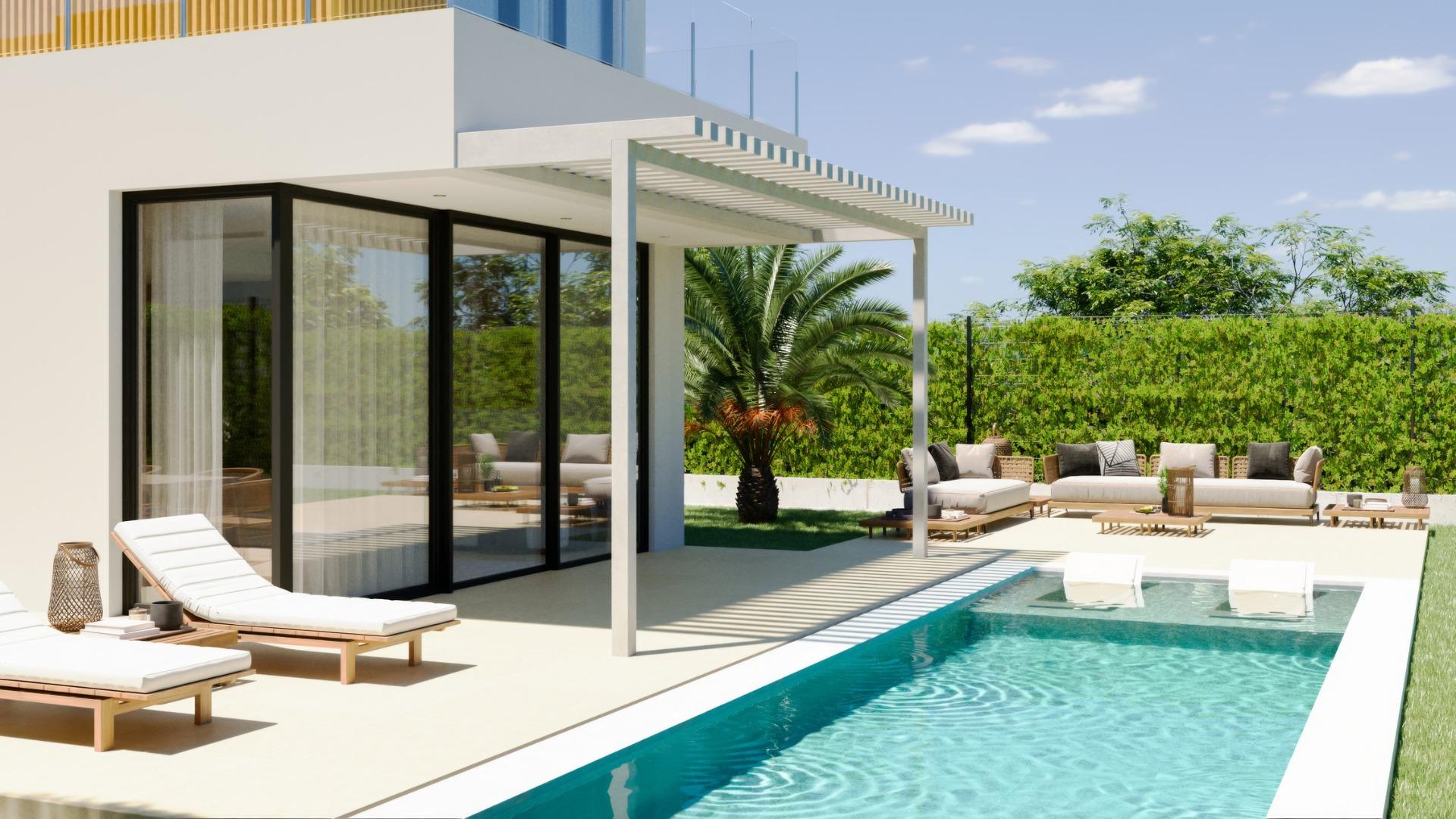 Sun-drenched terrace with modern outdoor lounge and private pool at exclusive 3-bedroom villa in Sierra Cortina, Finestrat