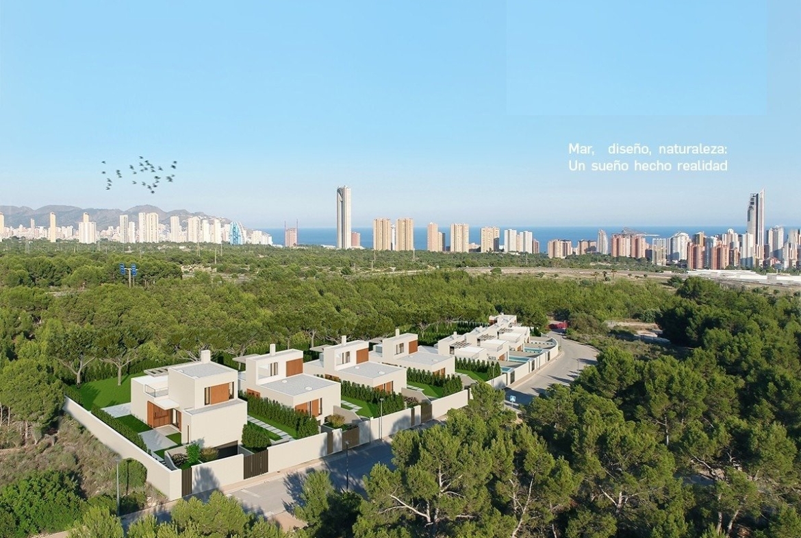 Modern 3-bedroom villa cluster with private pools nestled in lush greenery, offering stunning sea and city views in Sierra Cortina, Finestrat.