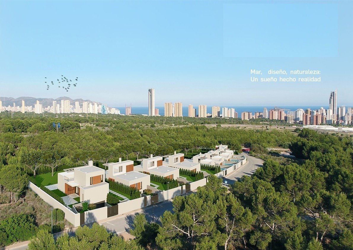 Modern 3-bedroom villa cluster with private pools nestled in lush greenery, offering stunning sea and city views in Sierra Cortina, Finestrat.
