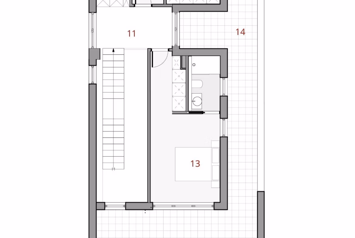NEW-BUILD-VILLAS-IN-FINESTRAT-10 First floor plan of a contemporary Key Ready Villa in Finestrat, Benidorm featuring spacious bedrooms and elegant bathroom layout.