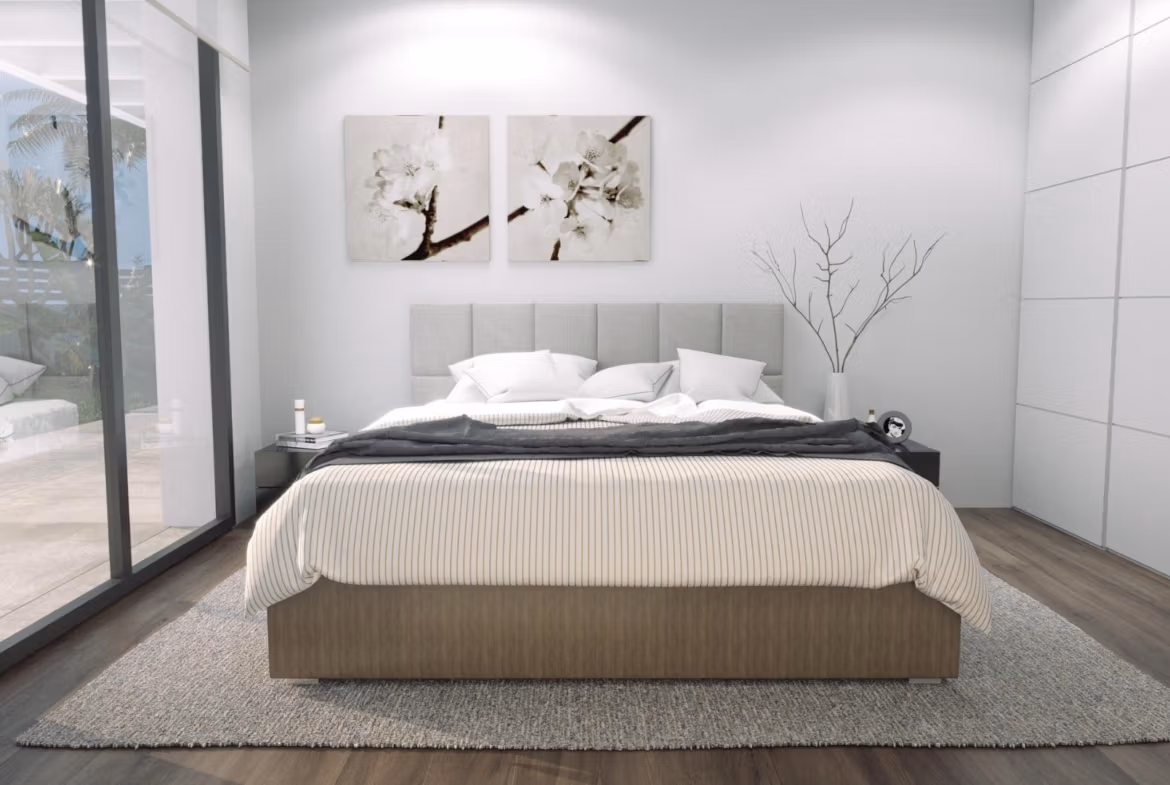 Bright, modern bedroom in a new build 3-bedroom villa in Finestrat with sleek design and views of the private pool and terrace